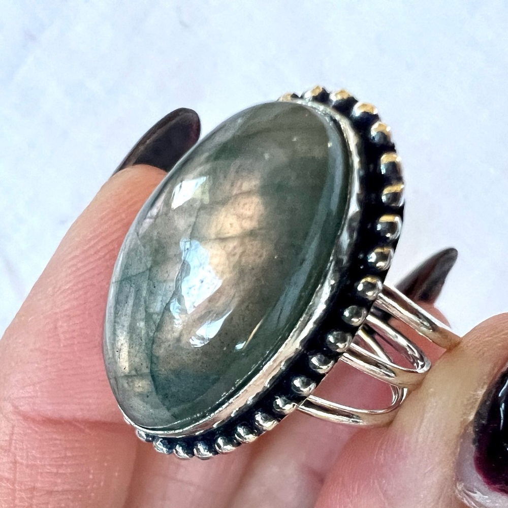925 ROSE GOLD FLASH Labradorite Tri Band Ring 10.5 - Picture 4 of 9